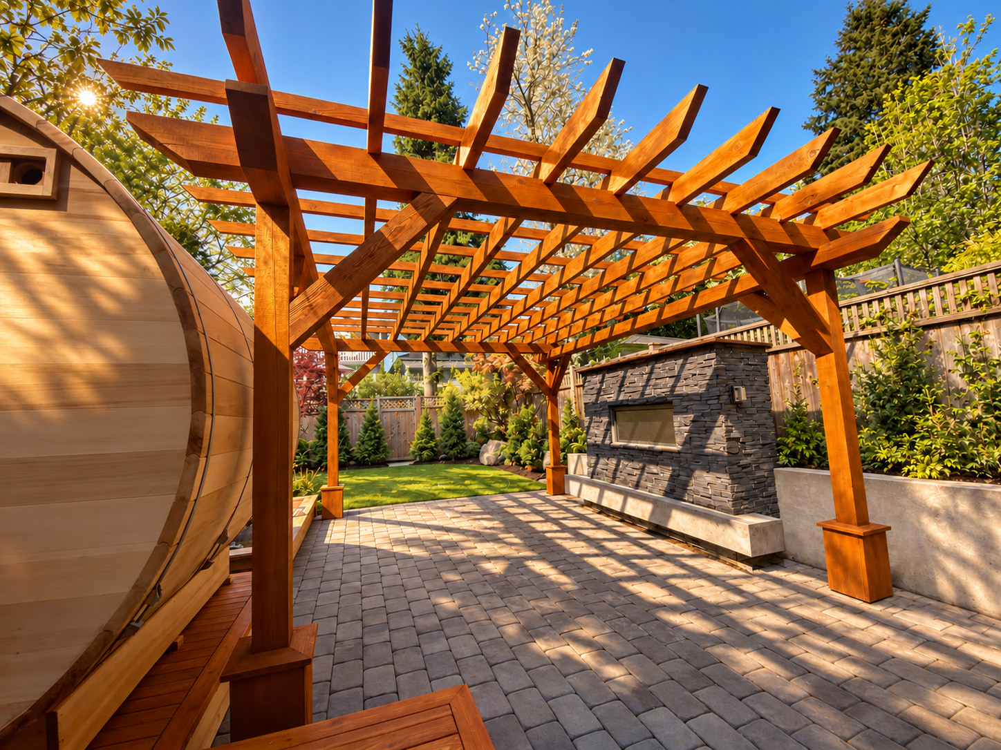 Charles Street timber pergola, barrel sauna and stone fireplace in warm sunlight, with surrounding greenery