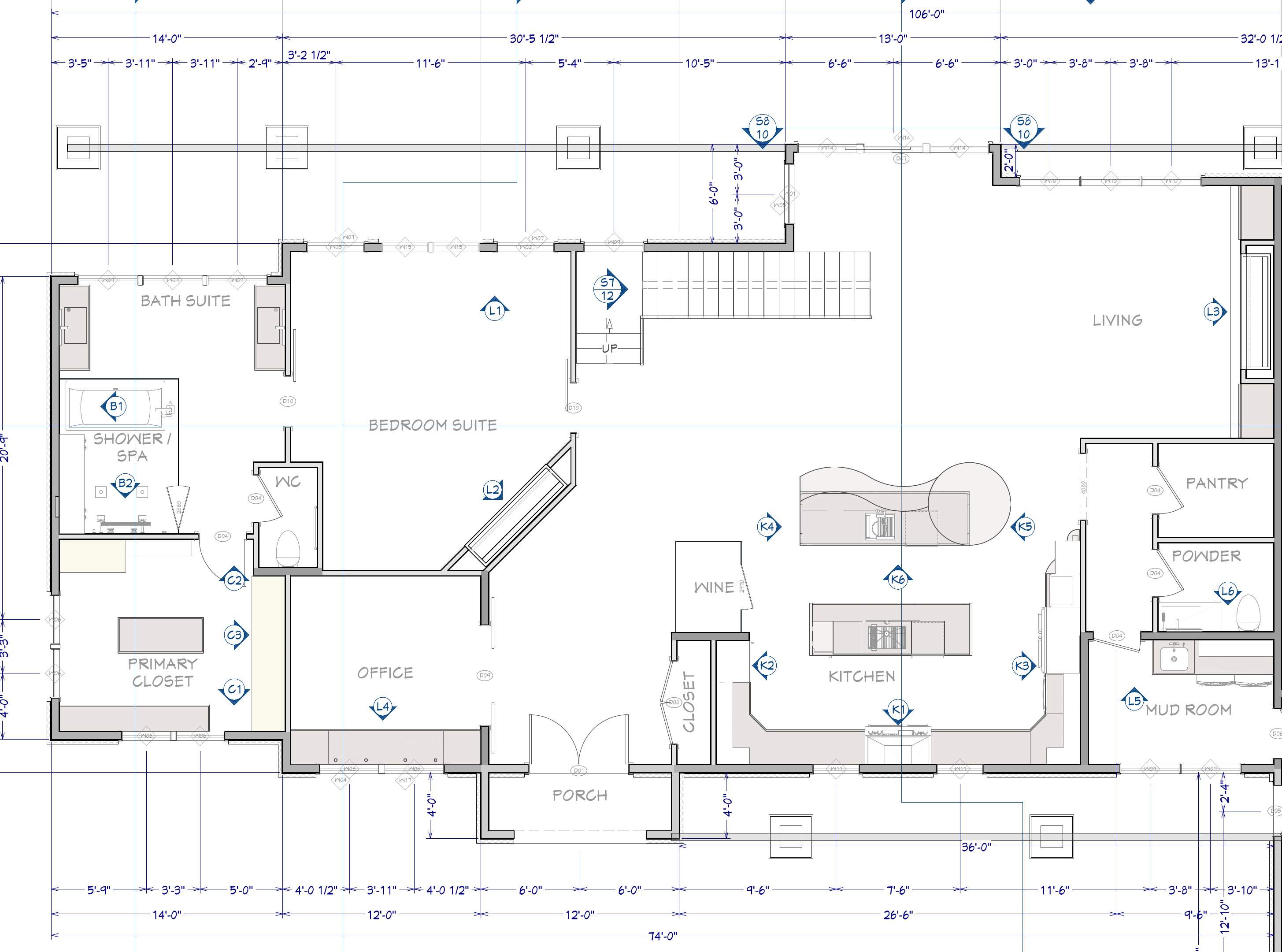 Chief Architect Silverton sample main-floor living wing with room labels, fixtures, openings and dimensions