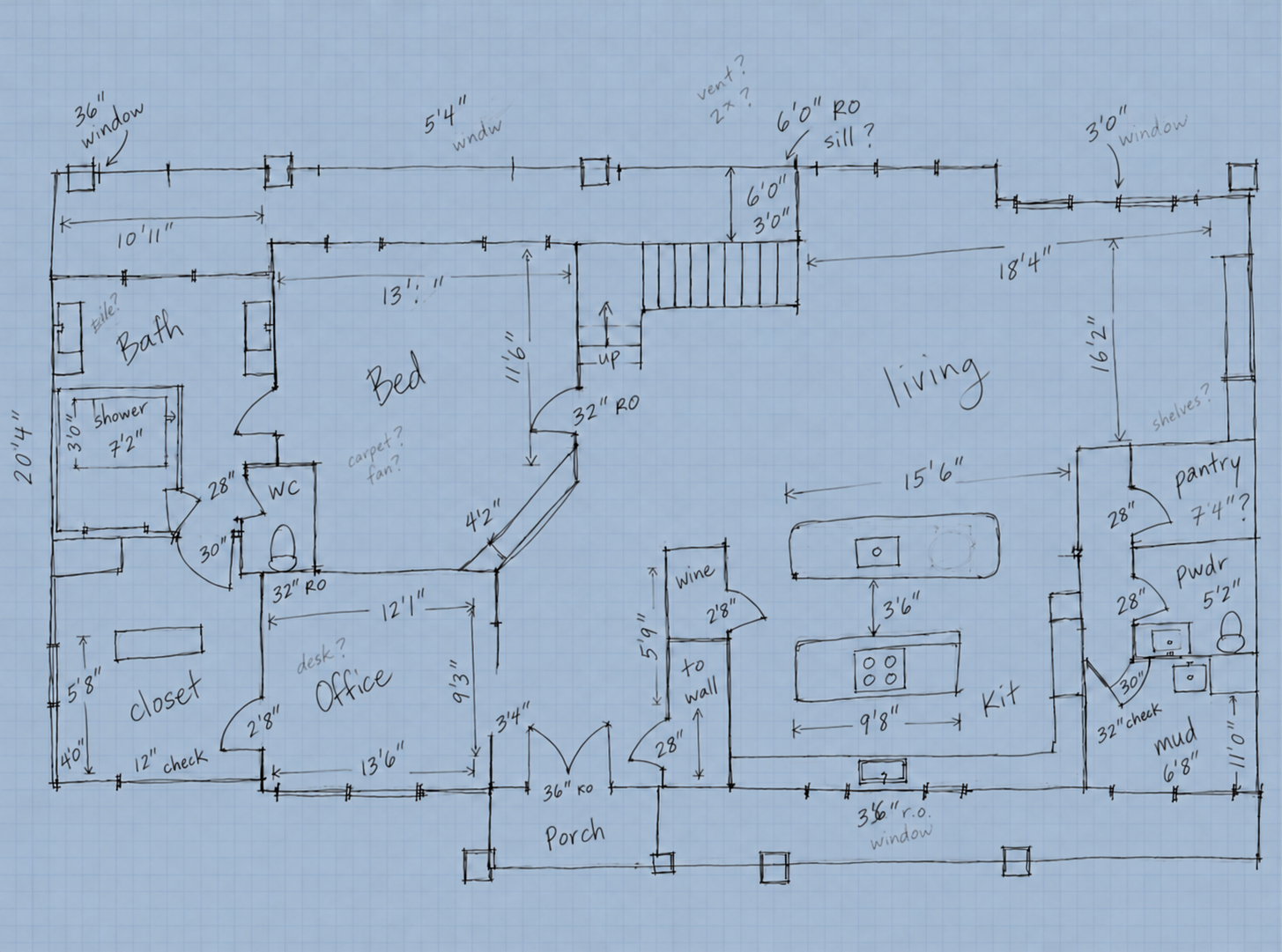 Loose pencil interpretation of the Silverton main-floor living wing on graph paper; measurements are illustrative